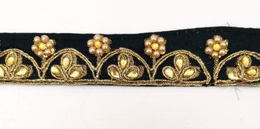 Black Silk Fabric Lace Trim Floral Embroidery & Indian Stones Kundan Embellishment, Decorative Sari Trim, Floral Border Trim By Yard